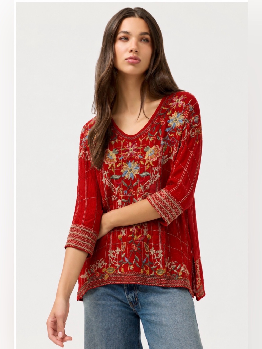 Johnny Was Red Embroidered Floral Tunic